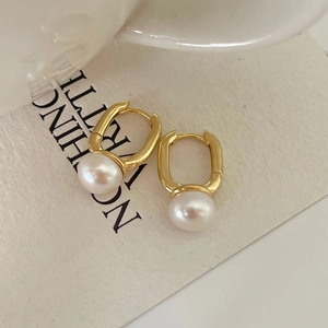 Minimalist 925 sterling silver hoop earrings with round white freshwater pearls for women