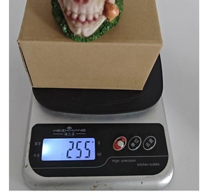 Realistic resin skull figurine with moss base on a digital scale weighing 255g