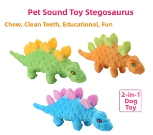 Detail of 2-in-1 plush stegosaurus dog toy with textured nubs for dental cleaning and chewing