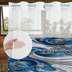 Detail of sheer white fabric with silver eyelets and 3D blue floral printed shower curtain