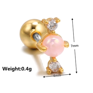 Detailed size view of a 7mm pink opal and zircon screw-back stainless steel ear stud
