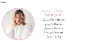 Size guide table showing model Imogen's measurements for these sweet style polyester jumpsuits