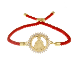 Adjustable red cord bracelet with gold plated Virgin Mary pendant and white zircon stones