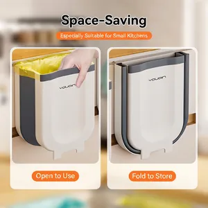 Foldable wall-mounted kitchen waste bin in beige and grey with slim space-saving design