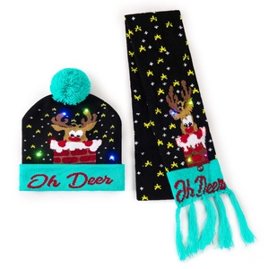 Detail of LED light-up knitted Christmas hat and scarf set with Oh Deer embroidery