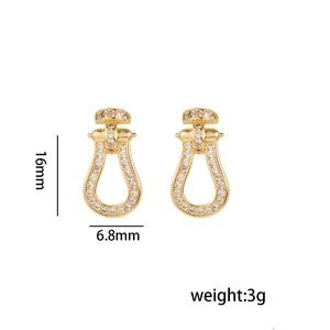 Golden horseshoe earrings with micro-pave zirconia in titanium steel, 16mm high