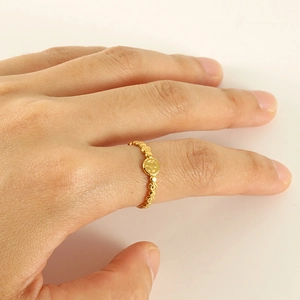 Bague Ajustable En Acier Inoxydable Plaqué Or 18K Vintage Médaillon Pièce Relief Texture Fleur Anneau Ouvert Femmes