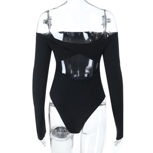 Detail of black long-sleeve bodysuit featuring a unique back cutout design