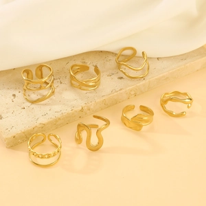 7pcs set of geometric liquid irregular golden open rings in minimalist organic style