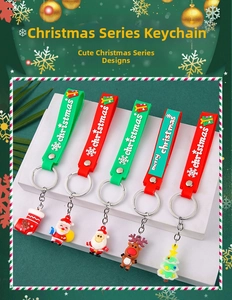 Close-up of five silicone Christmas keychains with Santa, Reindeer and Tree designs