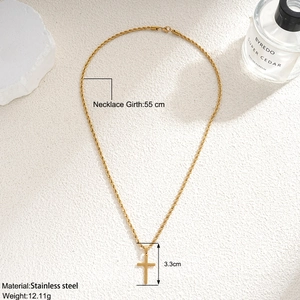 Detail of golden stainless steel cross pendant with measurements and twist chain texture