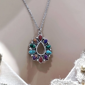 Bohemian silver water drop necklace with colorful turquoise and multi-gemstone inlay