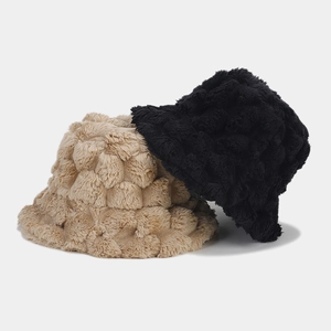 Women Winter Bucket Hat Faux Rabbit Fur Warm Windproof Plush Pineapple Texture Fisherman Basin Hat Retro Elegant