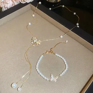 Elegant 18K Gold Plated Butterfly Necklace And Bracelet With Zircon Imitation Artificial Pearl For Women Romantic Niche Jewelry