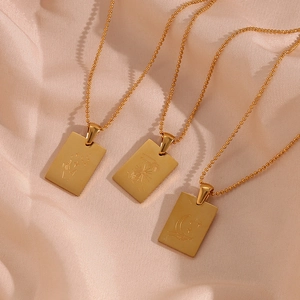 Gold 18K plated stainless steel square pendant necklaces with celestial hand engravings