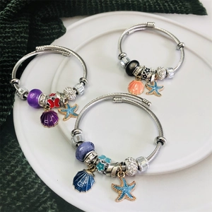 Ocean Series Stainless Steel Beaded Bracelet For Women Starfish Shell Pendant Adjustable Charm Bangle Rhinestone Jewelry