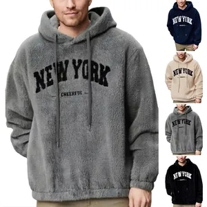 Men Hoodie Double Sided Polar Fleece New York Print Hooded Sweatshirt Loose Fit Warm Winter Pullover Streetwear Jacket