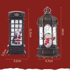 Detailed view of Santa and Snowman lantern sizes with red festive background