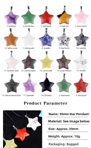 Detailed grid of 30mm star-shaped natural crystal pendants in various gemstones