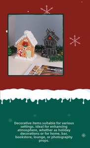 Detail view of resin gingerbread house and gothic cottage miniature holiday ornaments