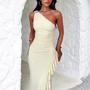Elegant one shoulder ruched maxi dress with side ruffles and metal ring detail in light yellow