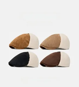 Winter beret hats in four colors featuring suede fabric and warm faux shearling lining