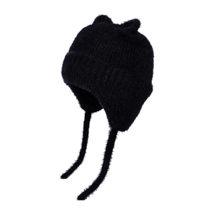 Winter knit baby hat with cute cat ears and warm earflaps in thick black plush material