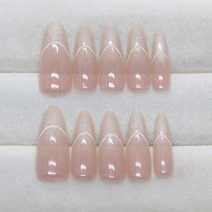 Long almond cat eye press-on nails with white French tip and glitter jelly finish