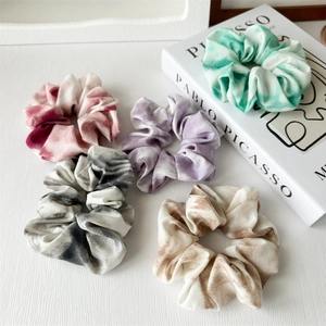 Set of five tie-dye chiffon scrunchies in green, purple, red, and brown colors