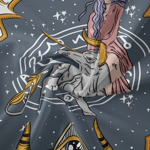 Detailed view of mythical zodiac tapestry showing fabric texture and virgo illustration
