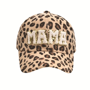 Close-up of leopard print corduroy texture and white chenille MAMA embroidery with gold edges