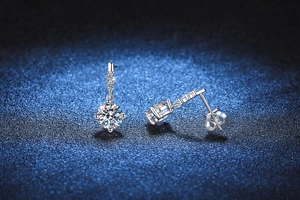Macro shot of silver Moissanite earrings with multi-stone inlay and elegant silver posts