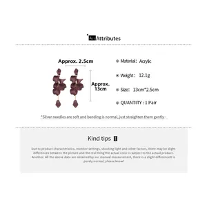 Detailed view of dark purple acrylic petal tassel earrings with dimensions and weight specs