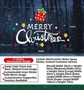 Size chart for Santa Claus and snowman static window stickers with Merry Christmas theme