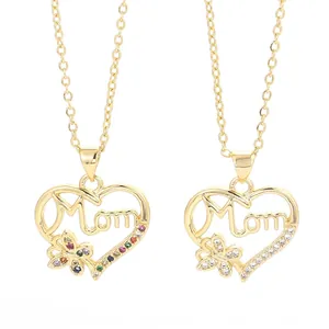 Gold MOM heart pendant necklaces with colorful zircon stones for Mother's Day gift