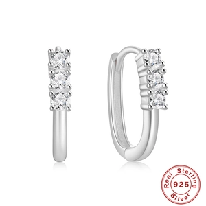 Elegant S925 sterling silver U-shaped huggie earrings with three cubic zirconia stones