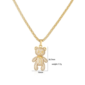 Golden teddy bear pendant necklace with sparkling micro-pave zircons and bead chain