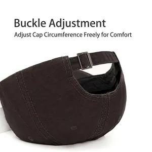 Adjustable metal buckle on back of washed cotton baseball cap with fabric strap detail