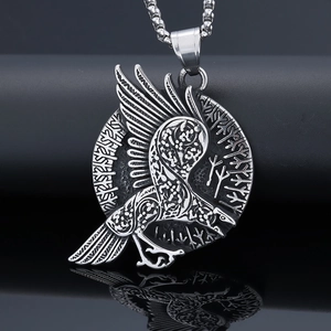 Viking Raven Rune Pendant Necklace Nordic Crow Totem Stainless Steel Antique Silver Punk Jewelry For Men