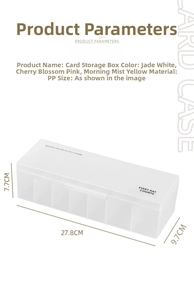 Detail view of the 6-compartment PP card storage box with precise size measurements