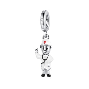 Detail of silver S925 doctor charm with red cross and stethoscope for DIY bracelets