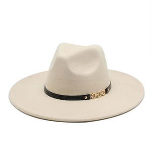 Detail of wide brim wool fedora hat featuring a black leather band and gold metal chain