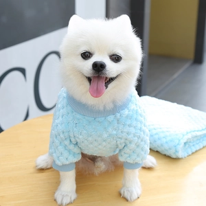 Dettaglio del maglione in pile celeste per cani con tessuto strutturato e bordi a coste