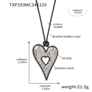 Detail showing dimensions of silver heart pendant on a 900mm black leather cord necklace