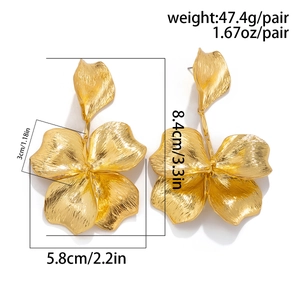 Detailed size specifications for large gold brushed metal flower earrings with dimensions
