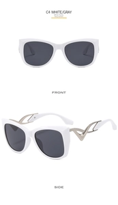 Vorder- und Seitenansicht der Schmetterling-Cat-Eye-Sonnenbrille mit weißem Rahmen