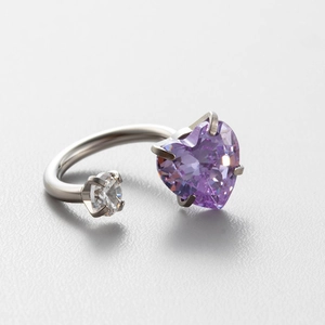 Silver horseshoe ring earring with purple heart gemstone and round clear crystal