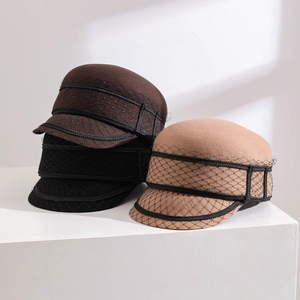 Set of elegant women's wool felt newsboy hats featuring vintage black mesh veil