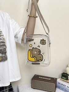 Cute Capybara transparent crossbody bag with beige strap and yellow cartoon pattern