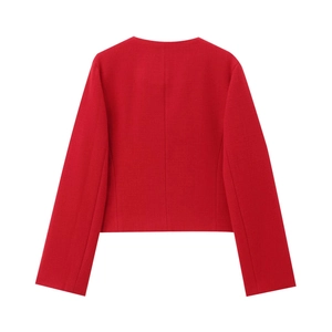 Back view of a red textured tweed cropped blazer showing premium stitching and fabric